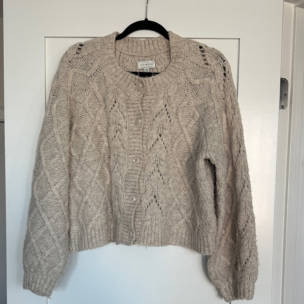 Lucky Brand Neutral Cable Knit Button-Front Cardigan - Beige